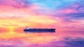 Cargo ship sails on calm water under a vibrant sunset sky, blending pinks, purples, and blues Royalty Free Stock Photo